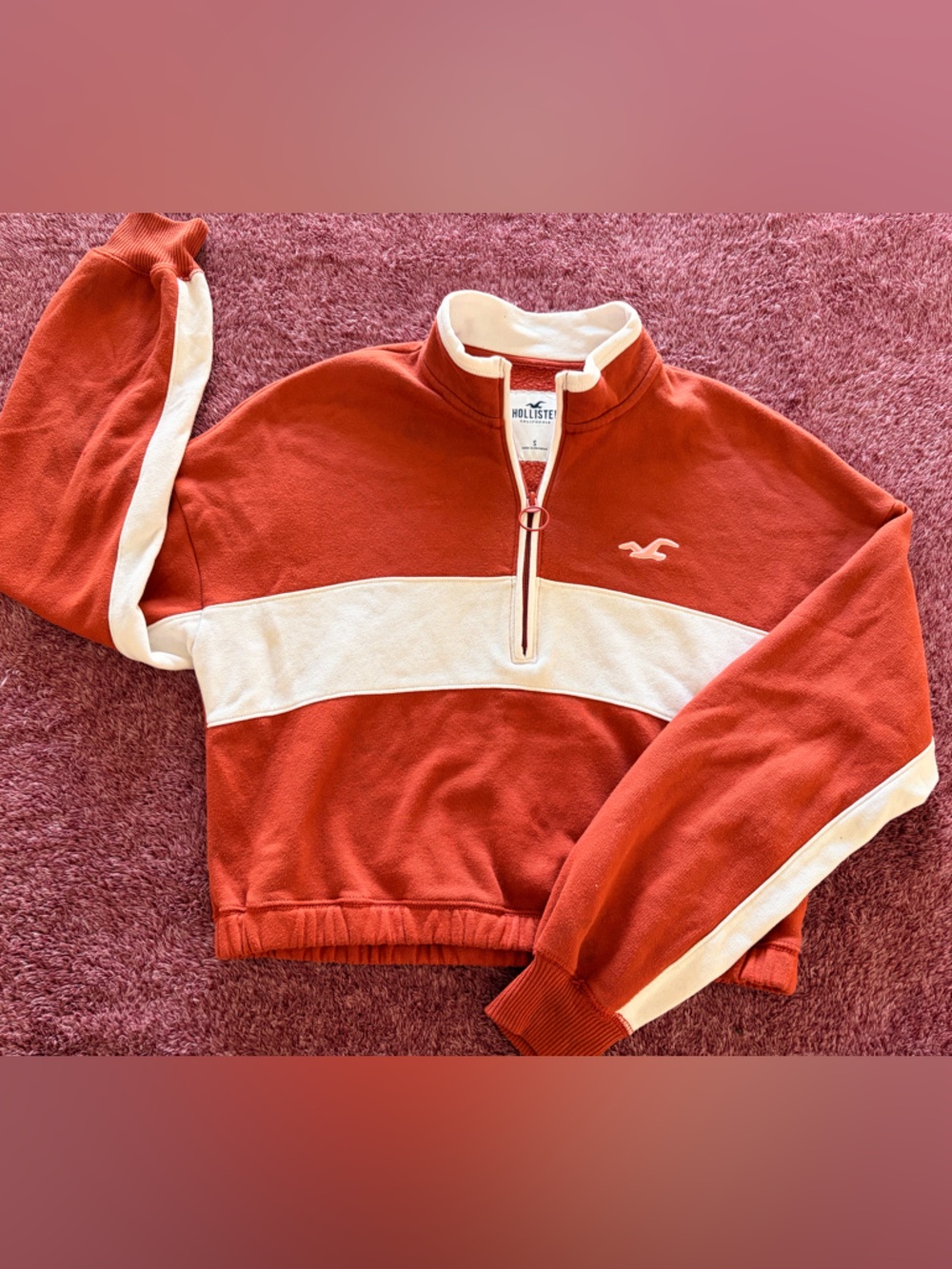 Hollister Rust-Orange & White Quarter-Zip Crop Pullover